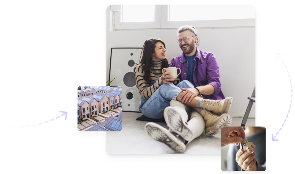 Three images together: a couple laughing, handing over keys, and newly built homes